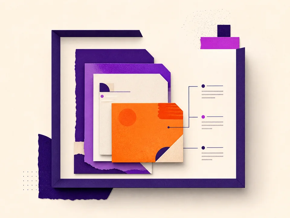 Layered advertising-product documents and proposal elements.