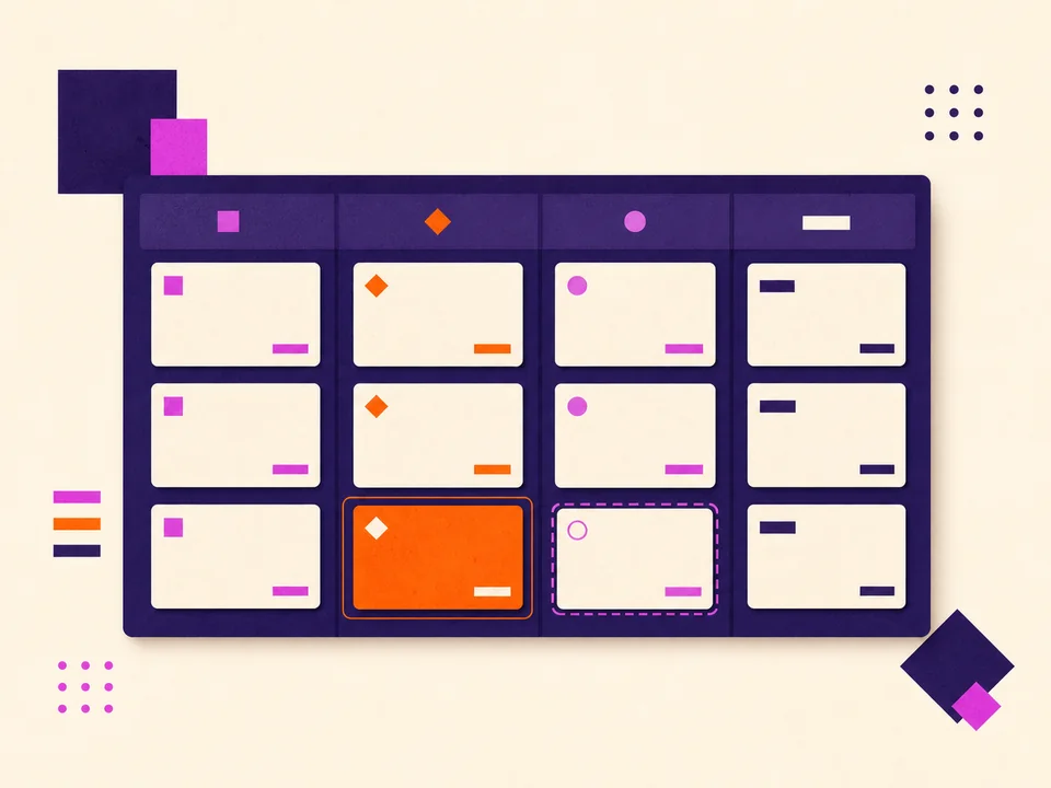 Workflow board with tasks and approval cards.