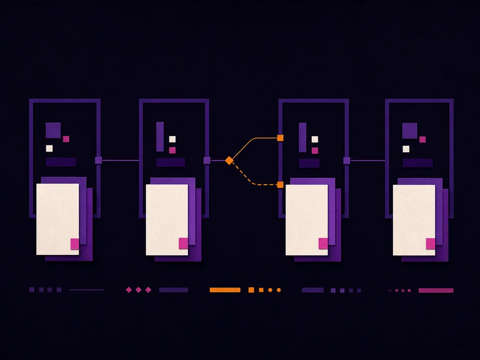 Staged cards connected through governance checkpoints.