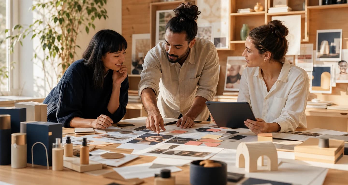 People collaborating around a table with products and campaign materials.