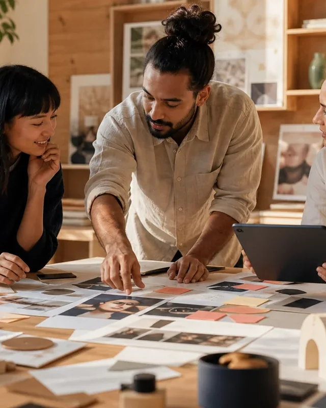 People collaborating around a table with products and campaign materials.