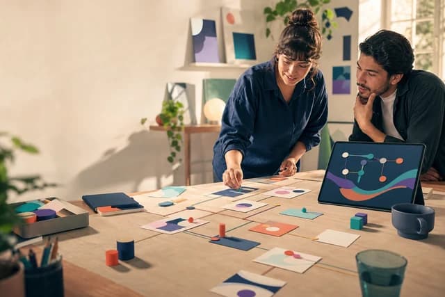 Team organizing a workflow with connected cards and automation.