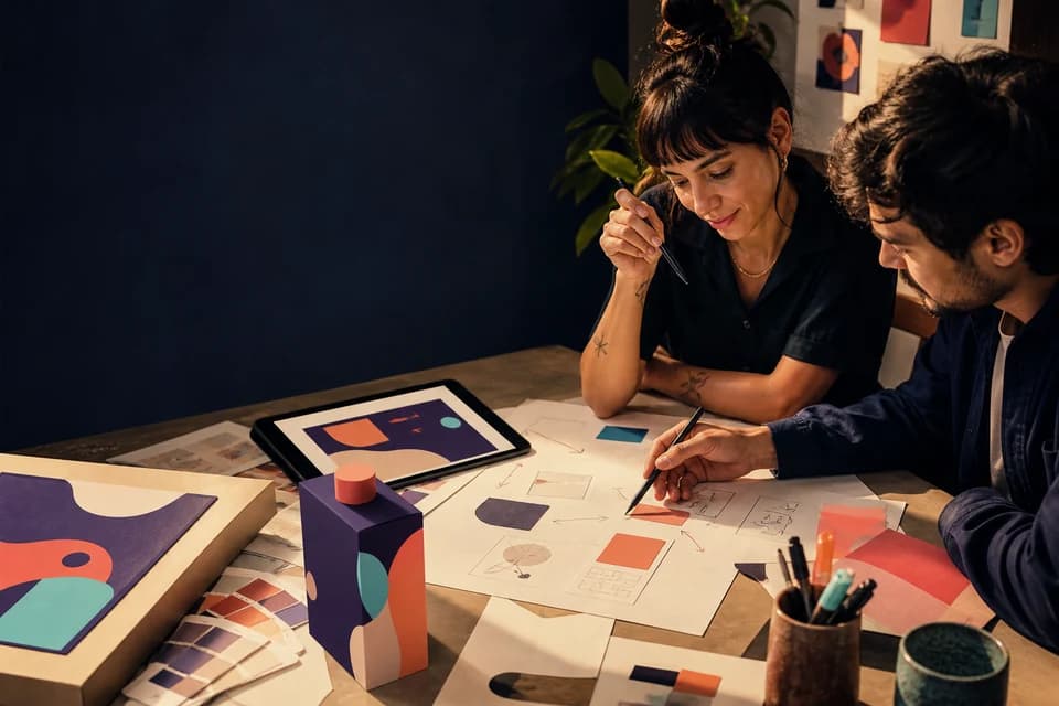 Creative team sketching a proposal with color samples and a prototype.