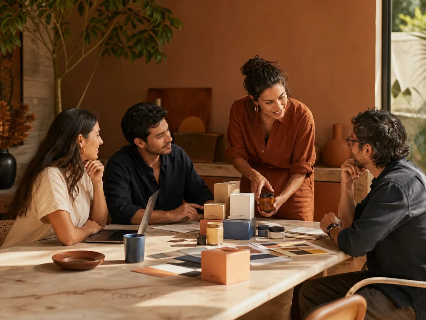 People reviewing a campaign proposal and product samples.