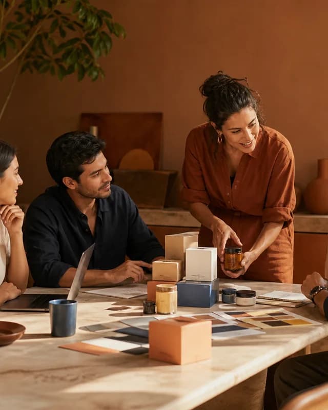 People reviewing a campaign proposal and product samples.